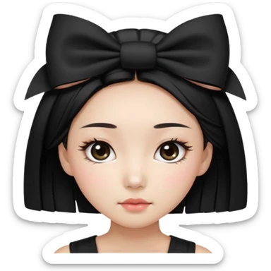 Korean woman with black cute  cut with a black top and a bow on her head with long lashes sticker