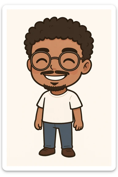 Full body illustration of a young man with dark curly hair, round glasses, a mustache and thin goatee, brown skin, smiling, in a cute, cartoon, simplified style similar to the example of Snape and Voldemort in chibi stickers style, with bold black lines and soft colors. sticker