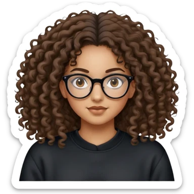 Mixed girl /curly long hair brown / with black eyes glasses black sweat shirt middle part attached hair sticker
