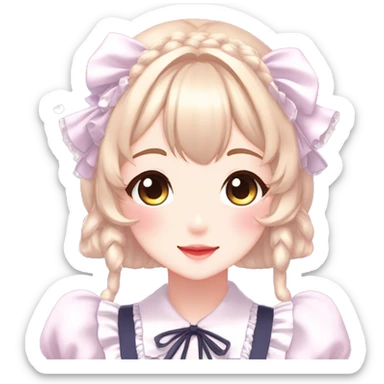 Gorgeous anime style lady blushing face maid outfit Lolita idol model colorful shiny sparkle kawaii pastelcore cottagecore pearly petite simplistic aesthetic trending style sticker