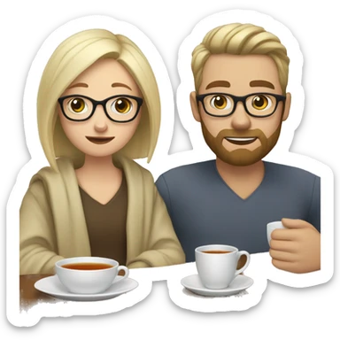 Pale blonde girl wearing glasses and short brown haired bearded man drinking tea under blanket sticker