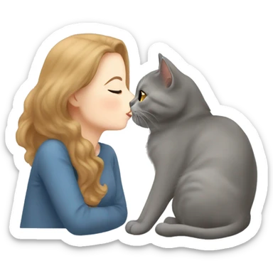 small British shorthair grey cat kissing brown long hair white woman sticker