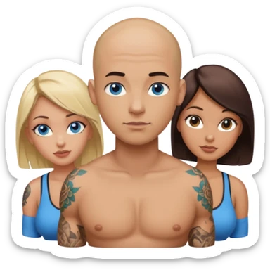 tattooed covered bald male with blonde haired blue eyed big boob female with brunette haired brown eyed big boob female throuple  sticker