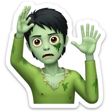 green zombie with one hand raised in the air and black hair sticker