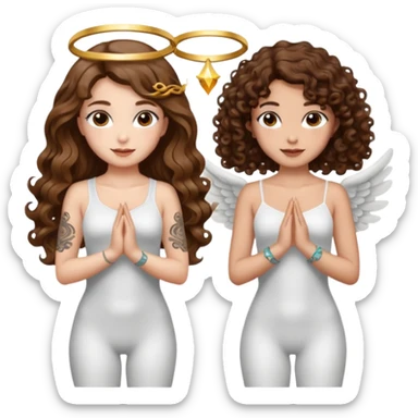 fake angel pose — long wavy brown hair tattooed woman and short tight curly brown hair woman — halo sparkle sticker