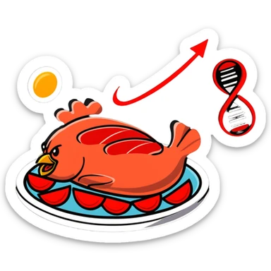 Cute sticker of a floating plate with a large chicken breast as the main focus, a red meat steak, smaller salmon fillet, and tiny egg, orbiting a DNA symbol, with energy flowing to a strong muscular cartoon figure sticker
