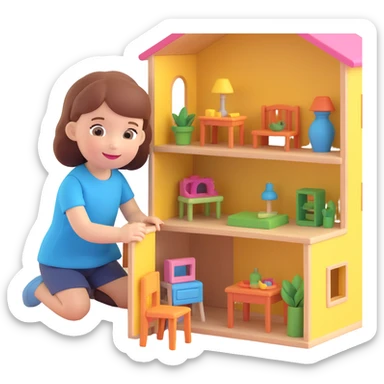 smiling girl arranging furniture in doll house sticker