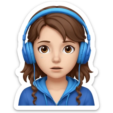 An upset girl with wavy hair listening to music with blue headphones sticker