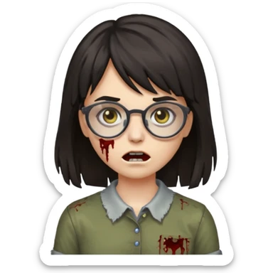  iPhone emoji is a zombie girl with dark hair long below her shoulders bangs and a ragged haircut gray eyes glasses  sticker