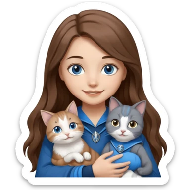 gorgeous Girl with light skin, blue eyes, long brown hair, wears a ravenclaw outfit, with a grey and white cat holding in her arms sticker