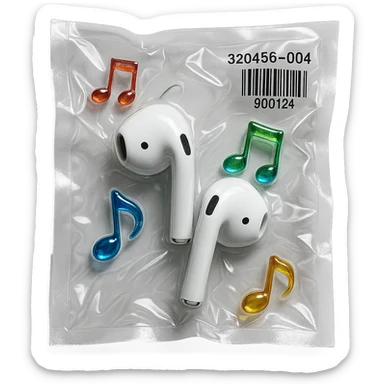 white EarPods headphones with three small rainbow glass music notes arranged around, glossy sticker