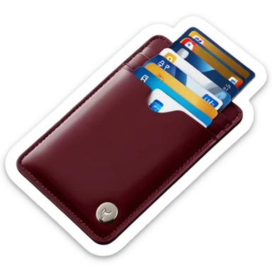 A professional studio photograph of a high-quality, slim leather card holder. The card holder is in [deep Burgundy color with a high-gloss patent enamel finish, reflecting light like a jewel .It features precise stitching and minimalist, elegant metal hardware sticker