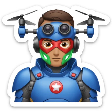 Un photographe homme high tech, une armure de terrain à la super héro. Il a des appareils photos, des caméras embarquées et un drone  sticker