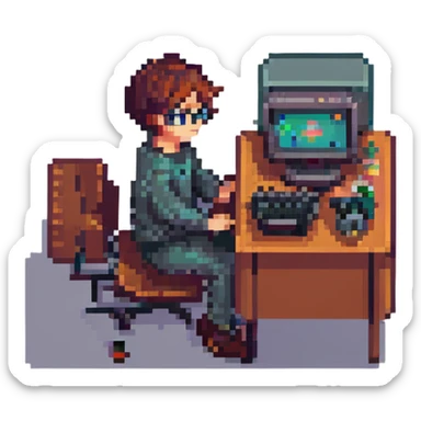 young programmer sitting at a computer, pixel art style sticker