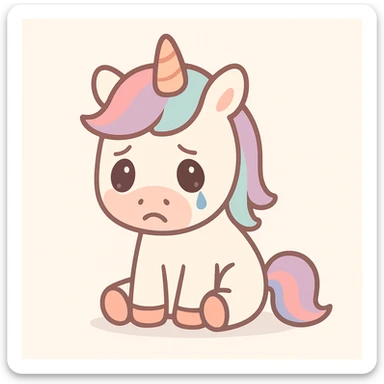 a depressed unicorn with slouched posture and a teardrop, pastel tones, minimal background sticker