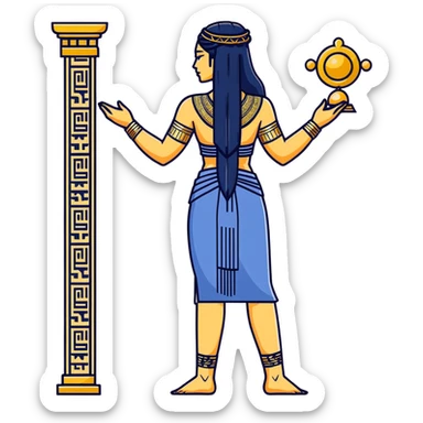 fullbody back view of Anunnaki goddess Inanna with braided long black hair, Ishtar gate symbols, completely exposed back with subtle Mesopotamian tattoos, and intricate gold jewelry on wrists and ankles sticker