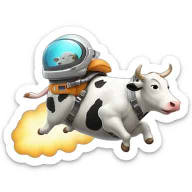 side-on view of cow flying to space while wearing a jetpack with legs being pushed back by the wind sticker