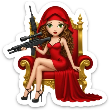 Drug dealer female green eyes symbol.  hair is brown curly long hair. sexy long with long red and black dress and mouth veil cover on that covers her mouth only. black stiletto platform high heels shoes on. Holding sniper rifle sitting on a gold throne. sticker