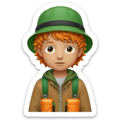 A little boy student curly orange hair, with green bucket hat, brown jacket, backpack sticker