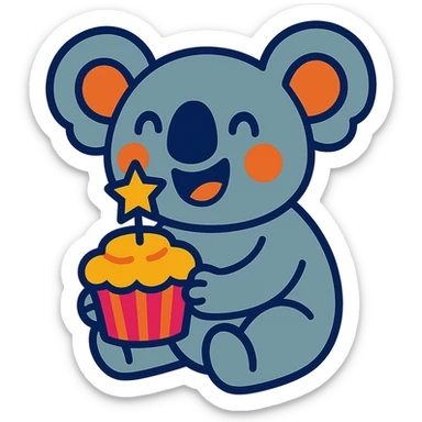happy koala holding cupcake with 1 star candle in vibrant-toon style sticker