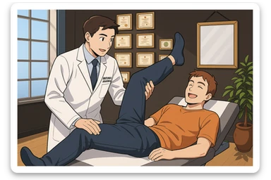 su questo lettino rappresenta un webtoon manga a colori con questo stile, in cui un uomo è steso sul lettino medico e il kinesiologo con il camice bianco (fagli anche la scritta "ANTONIO ANANIA" SUL CAMICE, gli solleva una gamba per fargli il test neuromuscolare, IL KINESIOLOGO SPIEGA ALL'UOMO UNA cosa mentre gli alza la gamba. l'espressione dell'uomo è felice e soddisfatta, non fare i fumetti però, fai solo in modo che sembri stiano parlando sticker