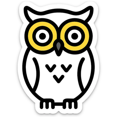 white owl with a yellow outline around the eyes, clean and clear details, minimal style icon sticker