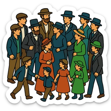 Add more people and children to the group in an isometric full body view, wearing period-appropriate 19th century clothing and hats, with dynamic poses. Keep the style consistent with lineal color icon with black outlines. Transparent background, no text. sticker