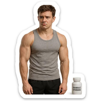 young inexperienced bodybuilder with developed but not extreme muscles, rigid posture, doubtful look, sportswear, bottle of anabolic steroids nearby, realistic details, isolated on white background sticker