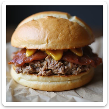 Bavarian Leberkäse sandwich: thick, juicy slice of meatloaf in a round, crusty white bread roll (Kaisersemmel), bun is crisp outside, soft inside, with a hint of flour dusting. Mustard visible on the meat. Photorealistic style. sticker