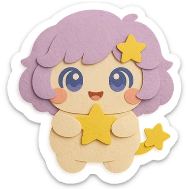 Adjust the image to show the full yellow star clearly in Stella Puff's hands, making sure the entire star is visible from the front. Keep all other elements, design, and color features exactly the same: no moon in the hair, yellow star in the hair, same hairstyle, same soft and adorable open-mouth smile, full body, paper craft style, clean lines, and transparent background. sticker