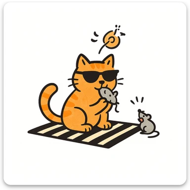 Make the cat orange, keep the hand drawn doodle style, cat wearing sunglasses and eating a mouse. The style should resemble notion style hand drawn doodles. sticker