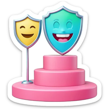 Minimalist 3D emoji-style podium with 2 steps on a green chroma key background. Step 1 (higher) features a handshake icon with blue neon glow. Step 2 (lower) features a smiling tooth with a shield icon and pink neon glow. Clean rendering, soft colors, uniform lighting. sticker