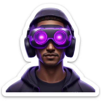 Cyberpunk style. Violet neon. Man with light skin in the black hoody with violet OMG VR logo on it wearing vr headset oculus quest 2 sticker