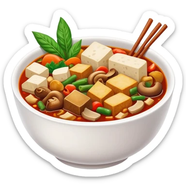 Chengdu Maocai spicy assorted ingredients in bowl, simplified emoji style with bold outlines and bright colors, cartoon style Sichuan street stew sticker