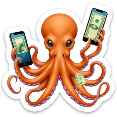 Intimidating octopus with pearl black skin, neon peach suction cups. Evil looking octopus is wearing a white face mask and thick gold necklace. 2 tentacles are holding their own cellphone, 2 more tentacles are holding stacks of money. sticker