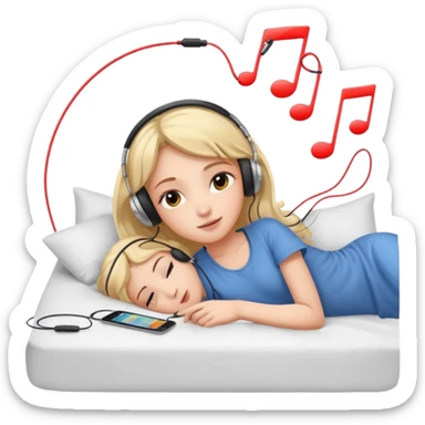 girl lying on bed comfortably listening to music with wired earphones sticker