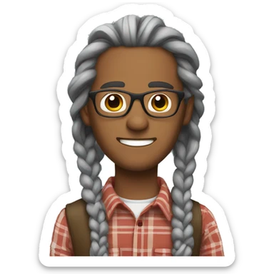 Light Brown man with long gray braids with glasses and plaid shirt sticker