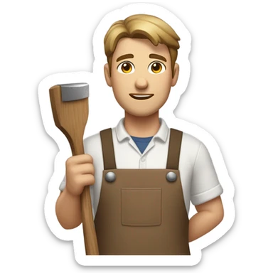 "A sturdy man with rough hands, short light brown hair, and a friendly, naive expression. He wears a work apron over simple clothes and holds a hammer or wood in a rustic workshop." sticker