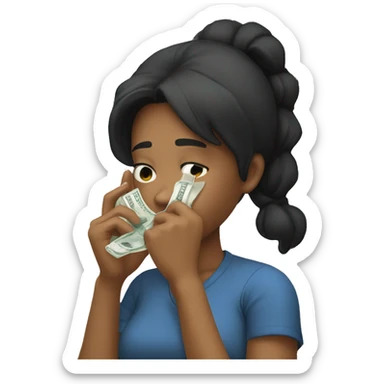 black hair girl wipes away tears with a banknote sticker