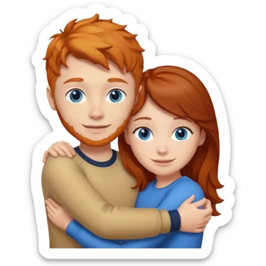 Ginger boy hugging brunette girl. Both have blue eyes.  sticker