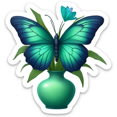 Aesthetic butterfly with blue and green  wings sitting on a dark blue bouquet of Lilies in a pastel green vase sticker