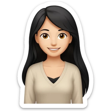 medium tan woman with long black hair past middle of back, round brwn eyes, white v neck blouse smiling. sticker