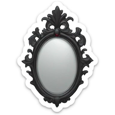 "A Victorian-era Gothic mirror with a black frame, gray-tinted glass, and a red ruby accent."
 sticker