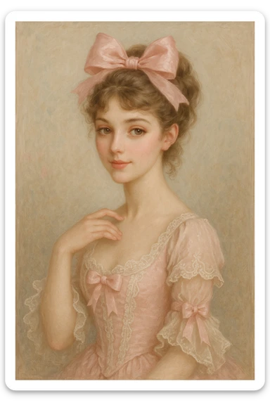 elegant feminine coquette woman with a pink bow, sweet expression, detailed, refined style sticker