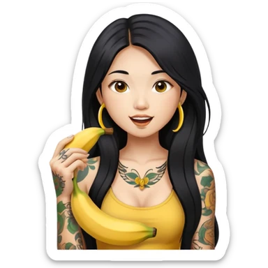 Beautiful Asian girl with long black hair and body tattoos eating a banana sfw sticker