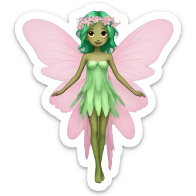 A skinny fairy, green hair, wings, pink dress with flowers  sticker