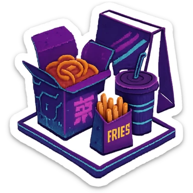 cyberpunk futuristic, 3d isometric, item image, video game item, inventory icon, the image depicts a small box of takeout, takeaway, chinese takeout food, delivery food. futuristic drive-through, fries, bag and drink. dystopian. pixelated retro video game graphics. a simple and basic classic traditional single box of asian takeout sticker