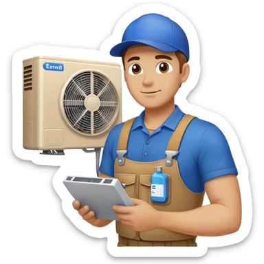 Male mechanic with blue label installing air conditioner sticker