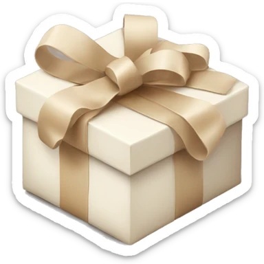 New Year’s box with beige gifts and white ribbon sticker