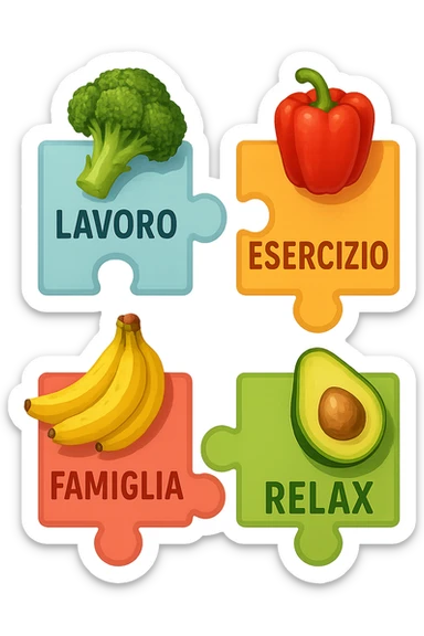 Puzzle (Lavoro, Esercizio, Famiglia, Relax), and healthy foods are integrated into each piece. in italiano sticker
